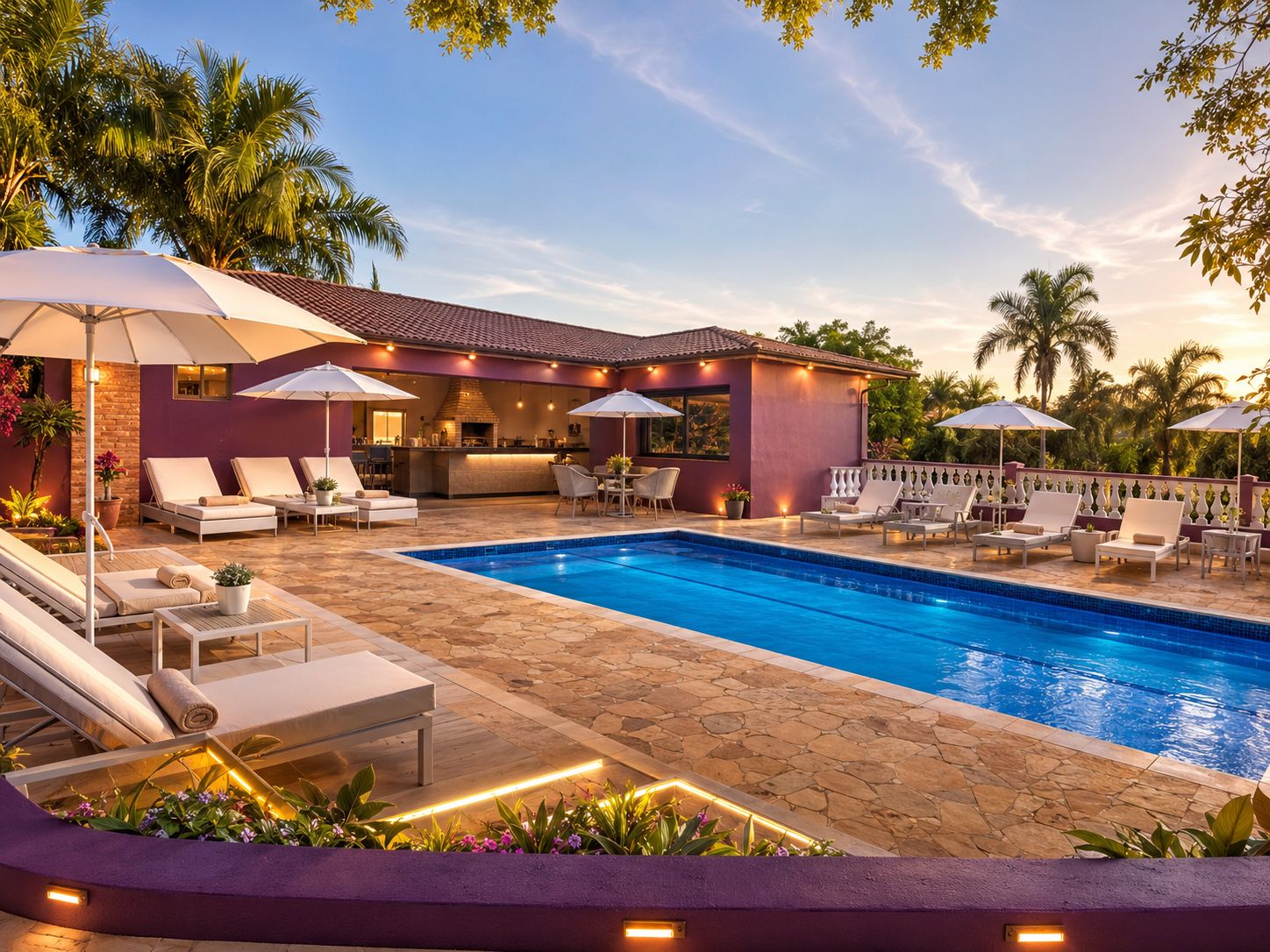 Área de piscina ao entardecer — Unidade 02